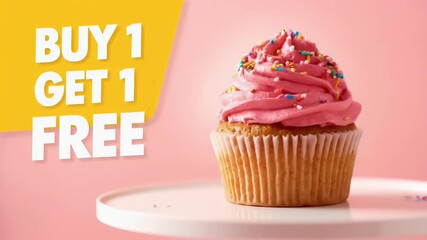Delicious Pink Frosted Cupcake with Sprinkles and "Buy 1 Get 1 Free" Offer on Pastel Pink Background