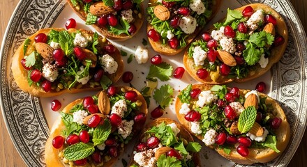 Fototapeta premium Delicious Bruschetta with Pomegranate, Feta, and Mint - A Vibrant Appetizer.