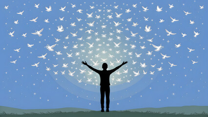 mental health awareness concept for work life balance. silhouette of a person releasing glowing birds