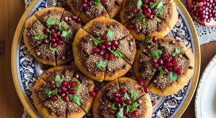 Delicious Middle Eastern Flatbread with Pomegranate and Herbs.