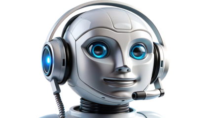 Closeup of a friendly robot wearing a headset, isolated on transparent background, showcasing its futuristic design and friendly expression