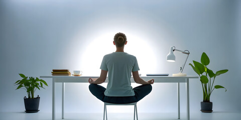 mental health awareness concept for work life balance. wide angle shot of a person meditating at a minimal room