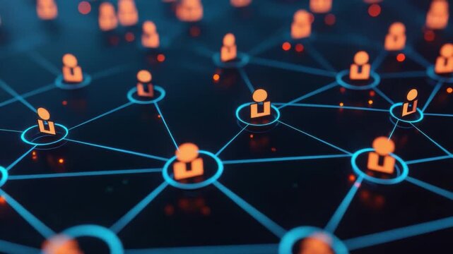 Networking Connections in a Digital World Represented by Orange Icons on a Dark Background of Nodes and Lines 4k video footage