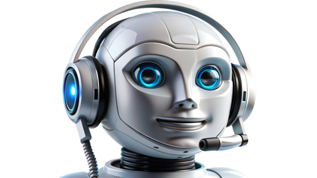Closeup of a friendly robot wearing a headset, isolated on transparent background, showcasing its futuristic design and friendly expression