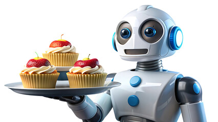 A friendly robot holding a tray of cupcakes topped with strawberries, isolated on transparent background, offering a sweet treat with a smile