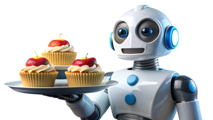 A friendly robot holding a tray of cupcakes topped with strawberries, isolated on transparent background, offering a sweet treat with a smile