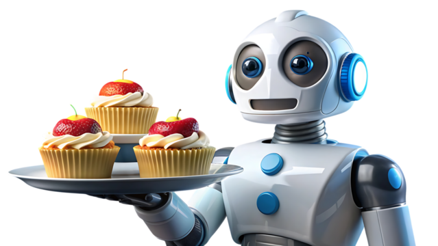 A friendly robot holding a tray of cupcakes topped with strawberries, isolated on transparent background, offering a sweet treat with a smile