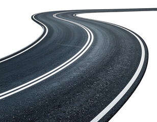 Winding asphalt road with white lane markings, isolated on a black background