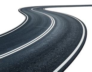 Winding asphalt road with white lane markings, isolated on a black background