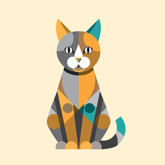 Geometric Abstract Cat Illustration in Modern Cubism Style with Colorful Shapes and Symmetry for Contemporary Art and Design
