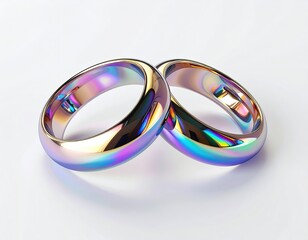 Two glossy, iridescent rings lie beside each other against a clean white background