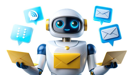 A white robot with yellow accents is managing emails and messages isolated on transparent background, showcasing modern communication