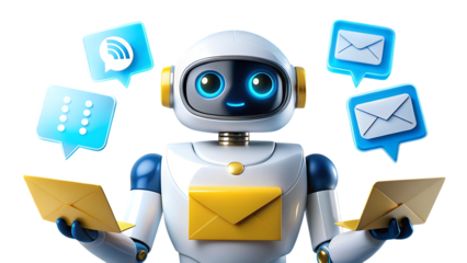 A white robot with yellow accents is managing emails and messages isolated on transparent background, showcasing modern communication