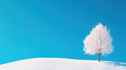 Lone tree coated in ice and snow on a gentle slope, blue winter sky above