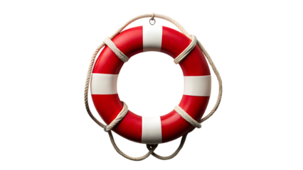 Red and white life buoy with rope isolated on transparent background, symbolizing safety, rescue, and nautical themes