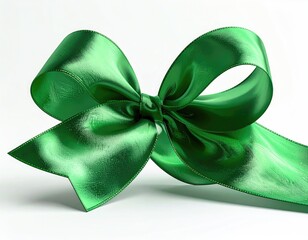 Lush green satin bow tied, resting on white. Fabric gleams. Close-up