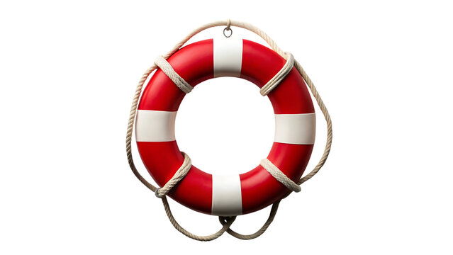 Red and white life buoy with rope isolated on transparent background, symbolizing safety, rescue, and nautical themes