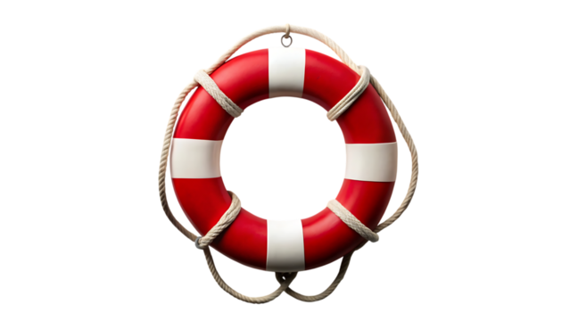 Red and white life buoy with rope isolated on transparent background, symbolizing safety, rescue, and nautical themes