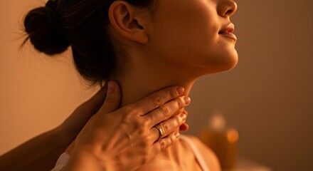 Gentle hand touches womans neck in soft light for relaxation and wellness