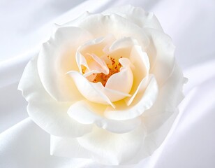 Delicate white rose with warm center, resting on softly draped, bright white fabric