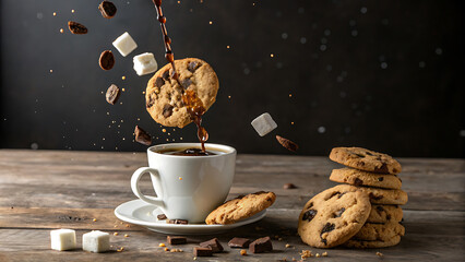 Chocolate chip cookies and sugar cubes falling into coffee cup in mid air