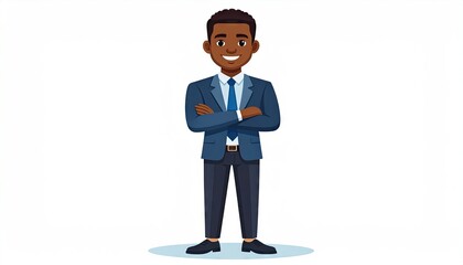 Animated Businessman Character in Blue Suit Arms Crossed Standing on White Background