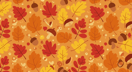 Vibrant autumn pattern featuring colorful leaves, acorns, and mushrooms, perfect for festive seasonal designs and cozy fall themes.