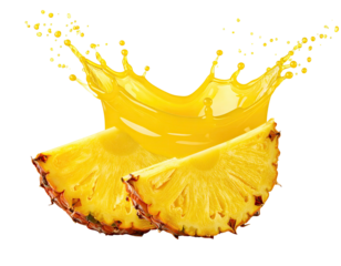 Fresh pineapple slices below a splash of golden juice on a stark black background
