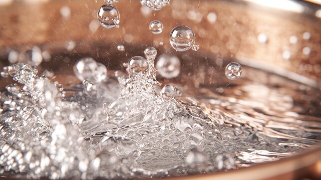 Boiling water bubbles explosive splashing motion drops crystal clear violent agitation dynamic culinary kitchen action