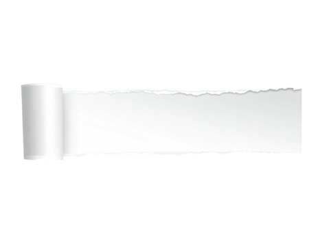 A white scroll-like banner unfurling, with a torn jagged edge against black