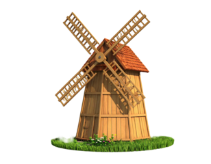 A wooden rural windmill with blades on a patch of grass and flowers, black backdrop
