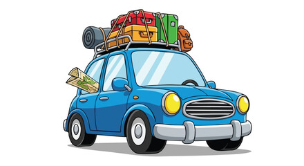 Vintage cartoon car packed for a road trip with luggage on the roof, ready for adventure and travel
