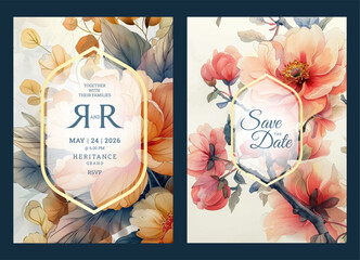 Elegant wedding invitation template with soft color blooming flower