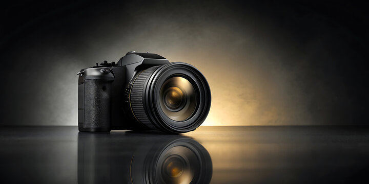 A professional DSLR camera body with a zoom lens is an isolated black object for digital photography on a white studio background