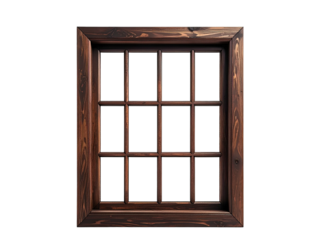 A weathered, wooden window frame with a grid of dark rectangular panes