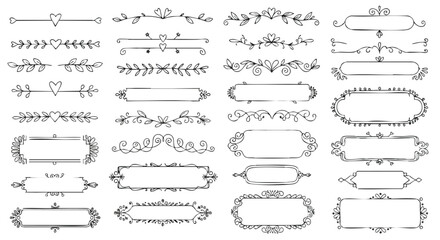 A large collection of hand-drawn decorative elements including text dividers, borders, and ornate frames.
