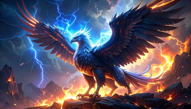 Powerful mythical bird amidst a storm