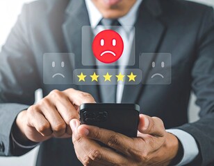 Business professional holds phone, digital angry face feedback over yellow stars