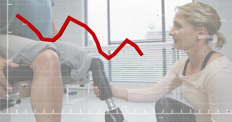 Patient flexing knee following data overlay while clinician adjusting pylon, tracing red line graph - Powered by Adobe