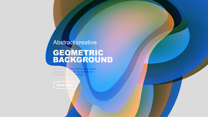 Abstract geometric background features flowing shapes, vibrant colors, text, button. Modern design, clean aesthetic, dark backdrop.