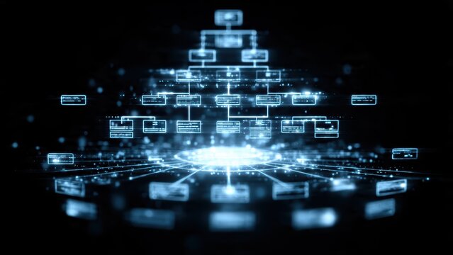 A digital representation of a data flowchart with interconnected nodes, illustrating complex information in a visually appealing format.