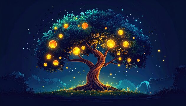 Luminous Pixel Art Tree with Glowing Orbs Against Dark Blue Background, Depicting Detailed Branches, Trunk, and Roots in a Mystical Night Landscape