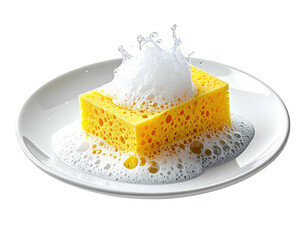 A yellow sponge covered in soapy foam sits on a white plate against a black backdrop