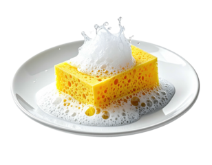 A yellow sponge covered in soapy foam sits on a white plate against a black backdrop