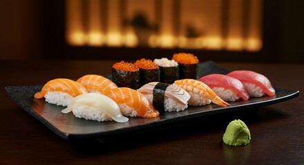 Sushi platter with wasabi and red caviar
