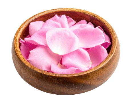 Pink rose petals fill a wooden bowl, soft light illuminates the delicate layers