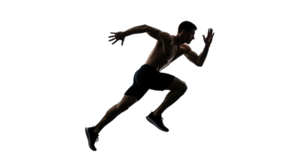 Silhouette of muscular man sprinting on isolated white background