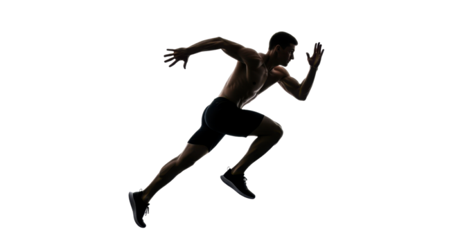 Silhouette of muscular man sprinting on isolated white background