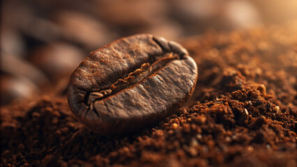 Close up macro shot of a single roasted coffee bean on a bed of coffee grounds