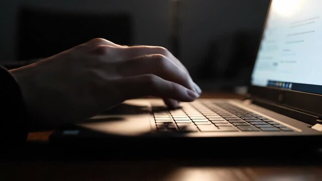 Close up of hands typing on a laptop keyboard in low light conditions.